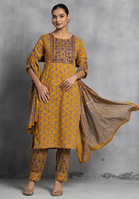 Mustard Floral Print Zari Embroidered Cotton Kurta With Pants And Printed Dupatta (Set of 3)