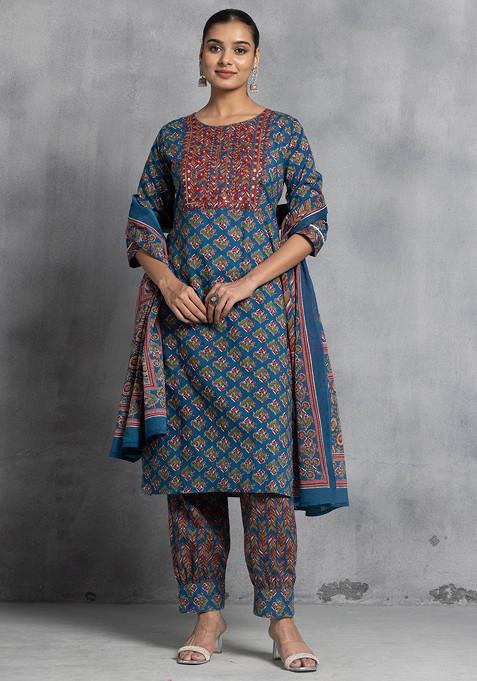 Blue Floral Print Zari Embroidered Cotton Kurta With Pants And Printed Dupatta (Set of 3)