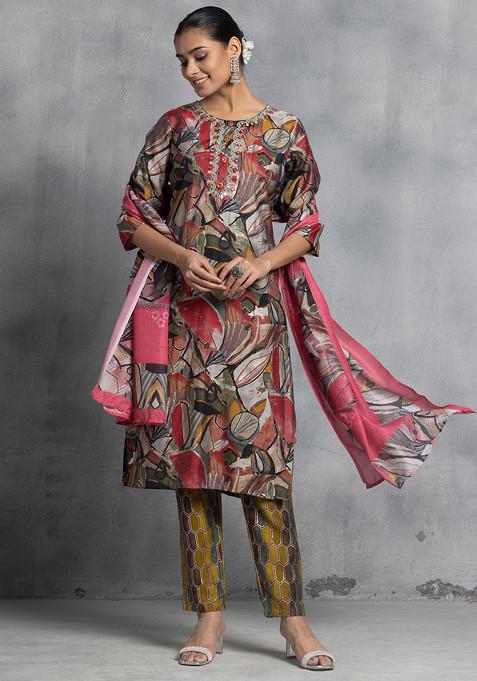 Multicolour Abstract Print Satin Kurta With Striped Pants And Dupatta (Set of 3)