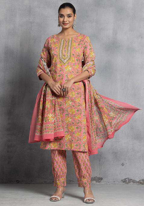 Pink Floral Print Zari Embroidered Cotton Kurta With Printed Pants And Dupatta (Set of 3)