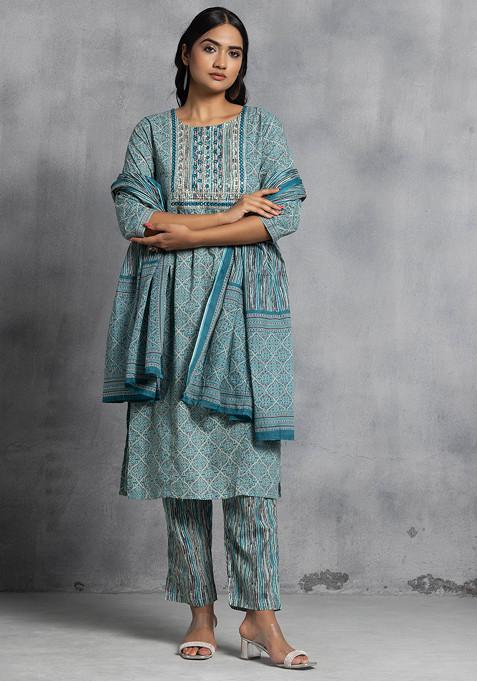 Teal Blue Sequin Mirror Embroidered Cotton Kurta With Printed Pants And Dupatta (Set of 3)