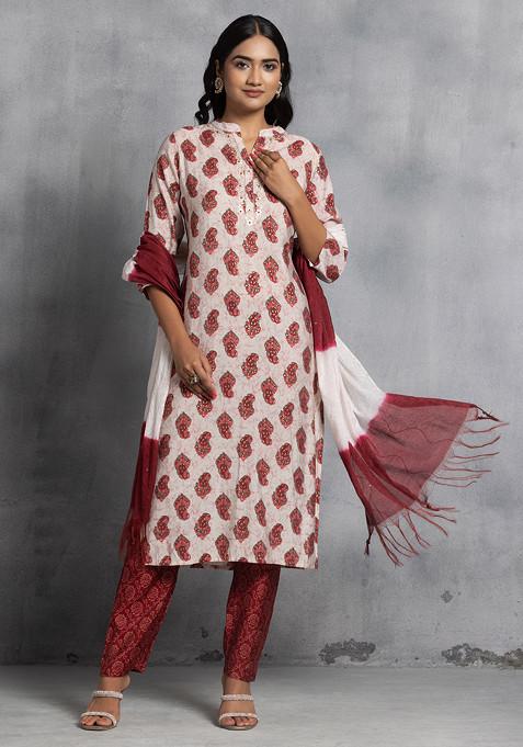 Red Ethnic Print Kurta With Printed Pants And Dupatta (Set of 3)