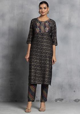 Black And Grey Abstract Print Kurta With Printed Pants (Set of 2)