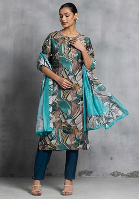 Green Abstract Print Satin Kurta With Pants And Printed Dupatta (Set of 3)