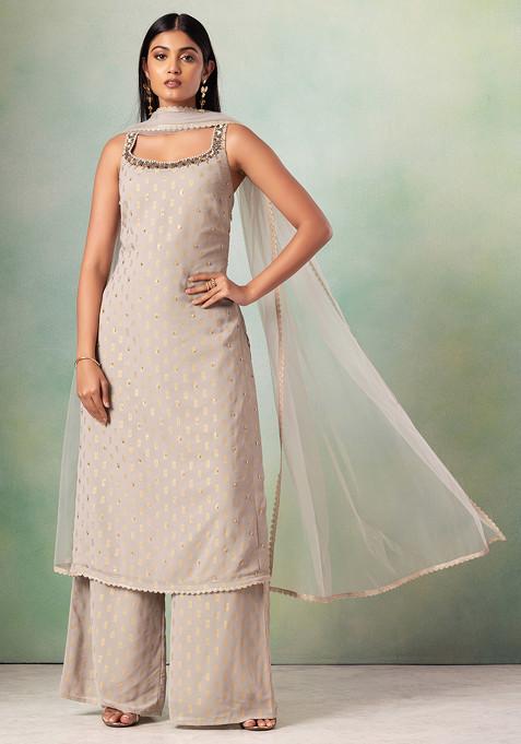 Grey Foil Print Embroidered Kurta Set With Pants And Dupatta