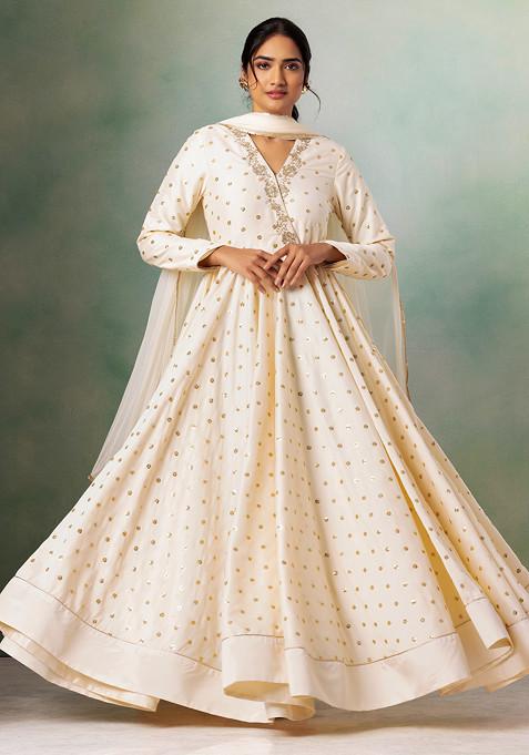 Ivory Sequin Boota Embroidered Anarkali Kurta Set With Dupatta