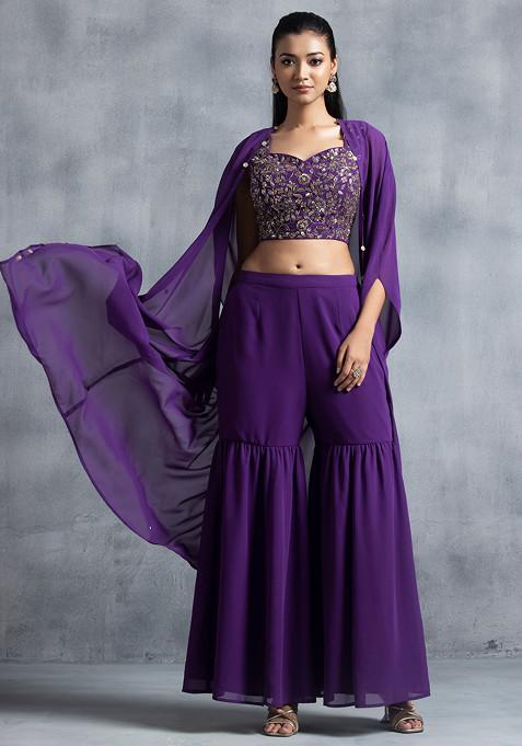 Purple Jacket Set With Sequin Cutdana Embroidered Blouse And Sharara