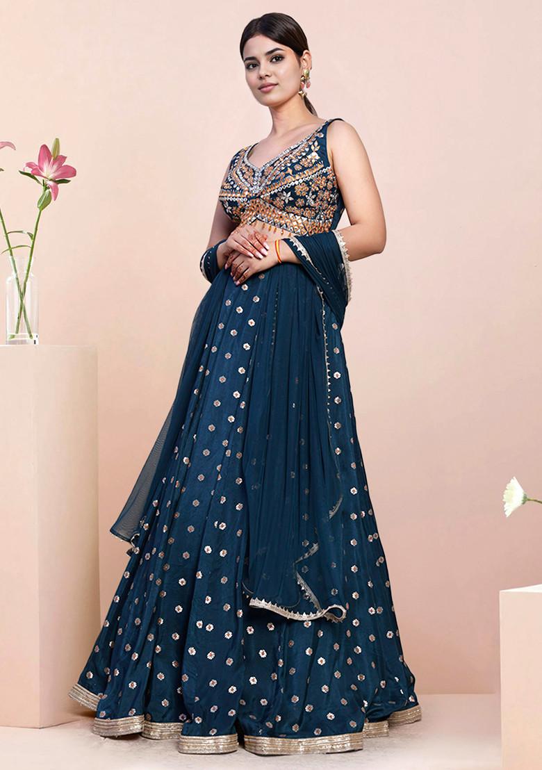 Blue Lehenga Set With Hand Embroidered Blouse and Dupatta