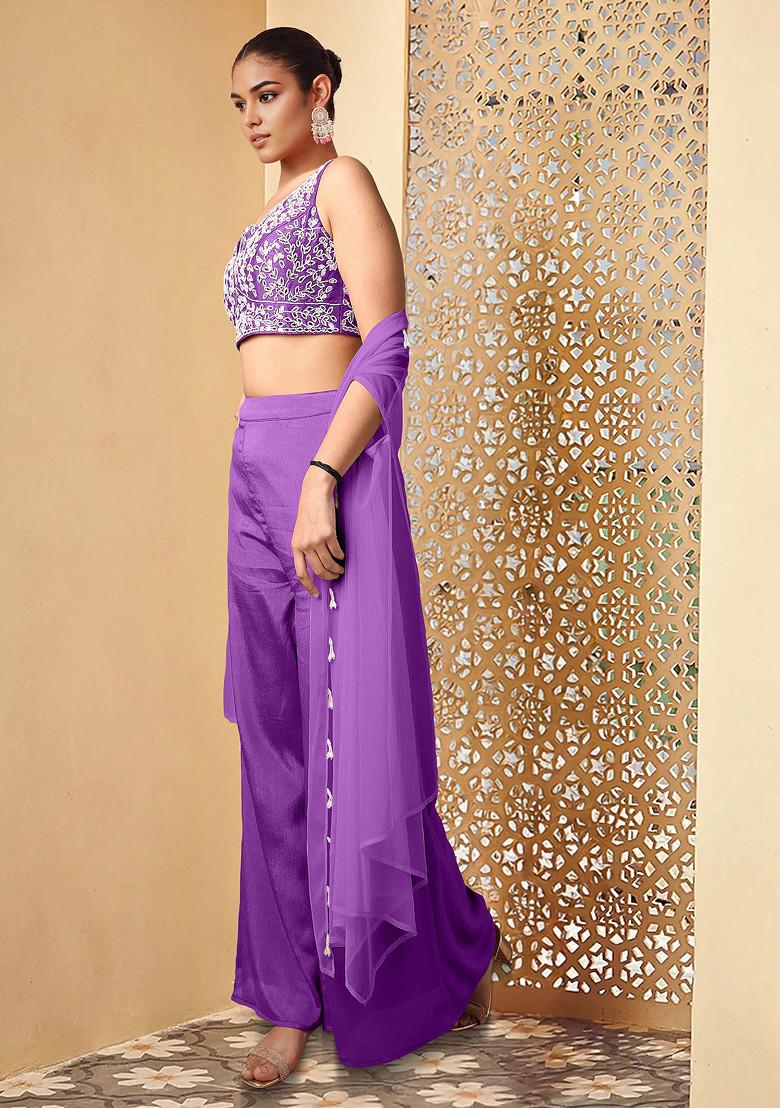Purple Jacket Set With Hand Embroidered Blouse And Pants