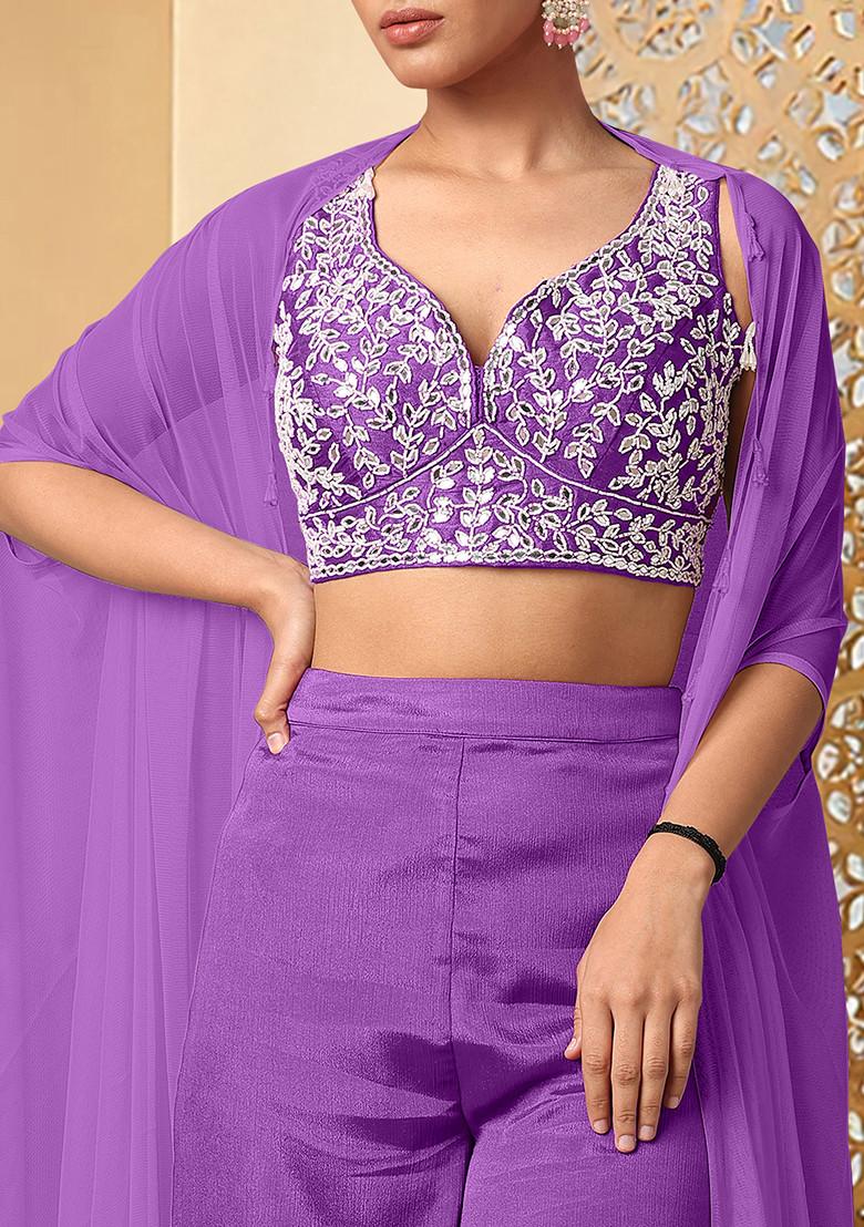 Purple Jacket Set With Hand Embroidered Blouse And Pants