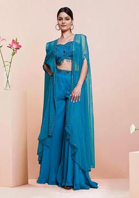 Blue Jacket Set With Hand Embroidered Blouse And Palazzo