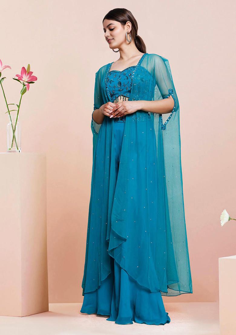 Blue Jacket Set With Hand Embroidered Blouse And Palazzo