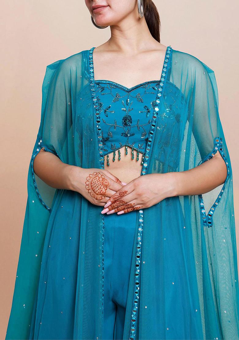 Blue Jacket Set With Hand Embroidered Blouse And Palazzo