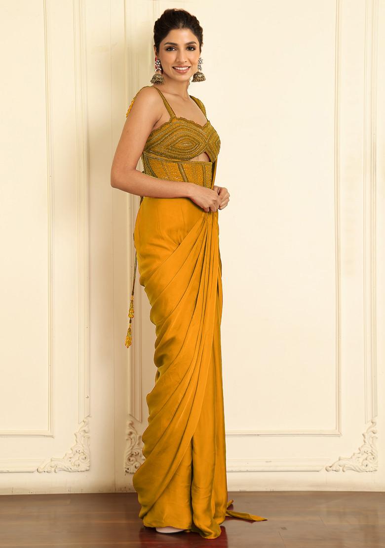 Yellow Pre-Stitched Saree Set With Hand Emoridered Blouse