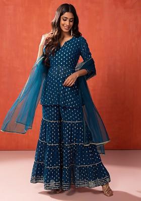 Blue Leaf Foil Print Sharara With Short Kurta And Dupatta (Set of 3)