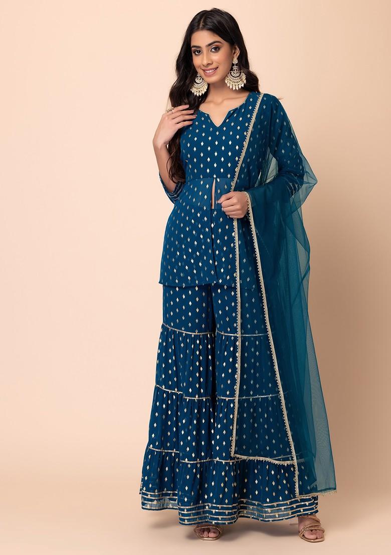 Blue Leaf Foil Print Sharara With Short Kurta And Dupatta (Set of 3)