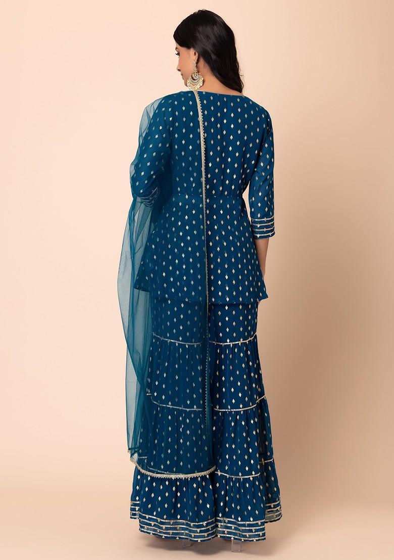 Blue Leaf Foil Print Sharara With Short Kurta And Dupatta (Set of 3)