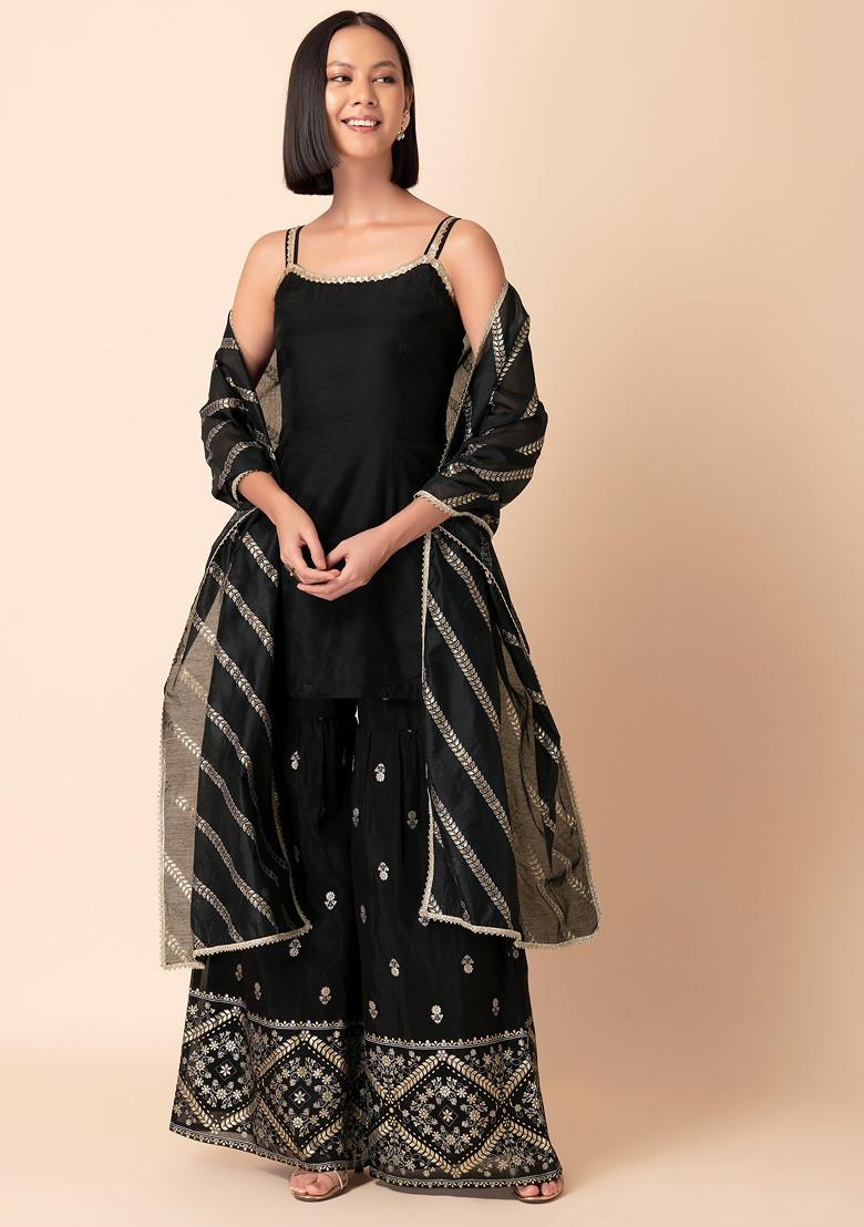Black Foil Print Tiered Sharara With Strappy Kurta And Dupatta (Set of 3)