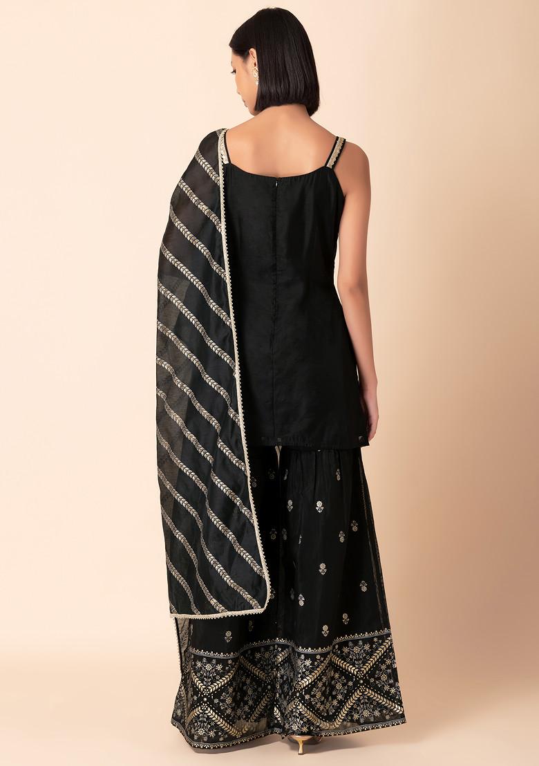 Black Foil Print Tiered Sharara With Strappy Kurta And Dupatta (Set of 3)