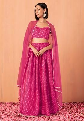 Pink Bandhani Print Lehenga With Strappy Blouse And Dupatta (Set of 3)