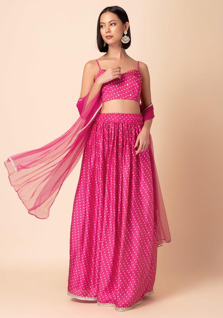 Pink Bandhani Print Lehenga With Strappy Blouse And Dupatta (Set of 3)