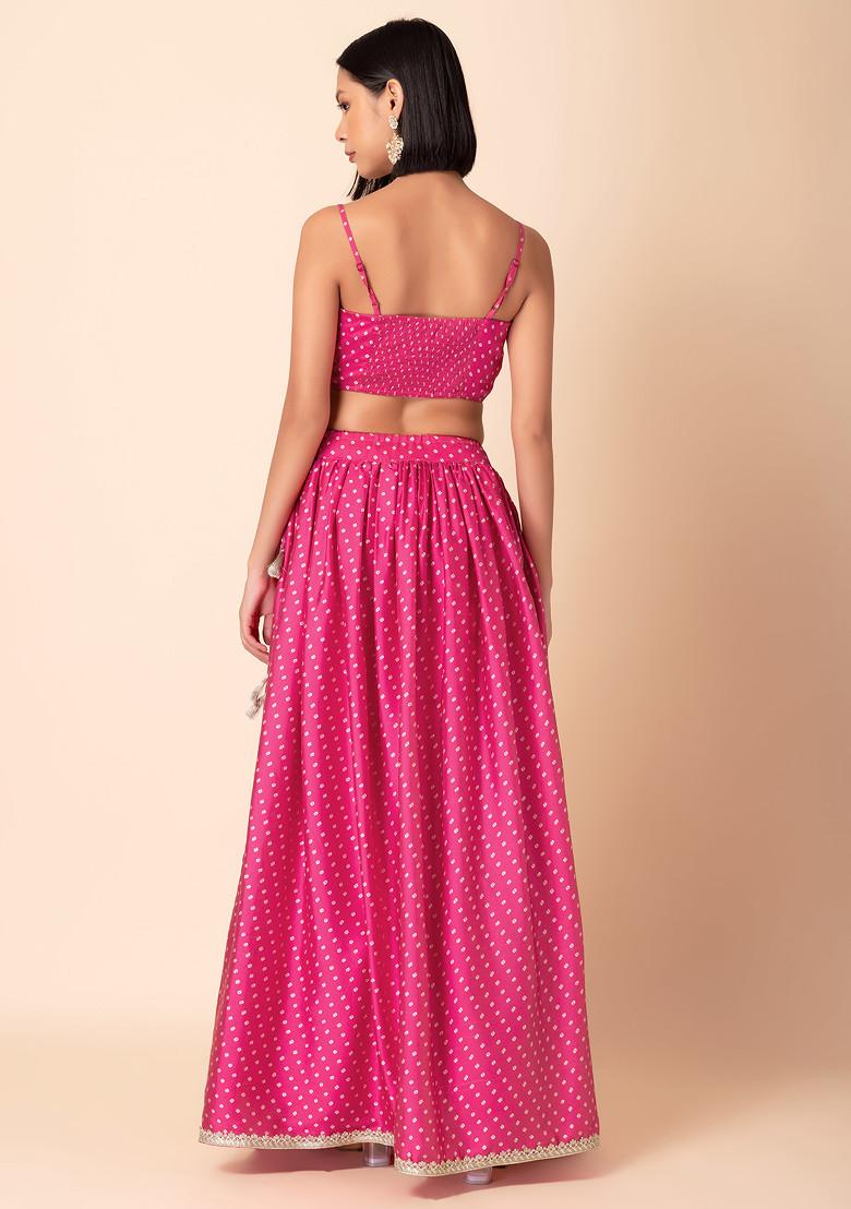 Pink Bandhani Print Lehenga With Strappy Blouse And Dupatta (Set of 3)