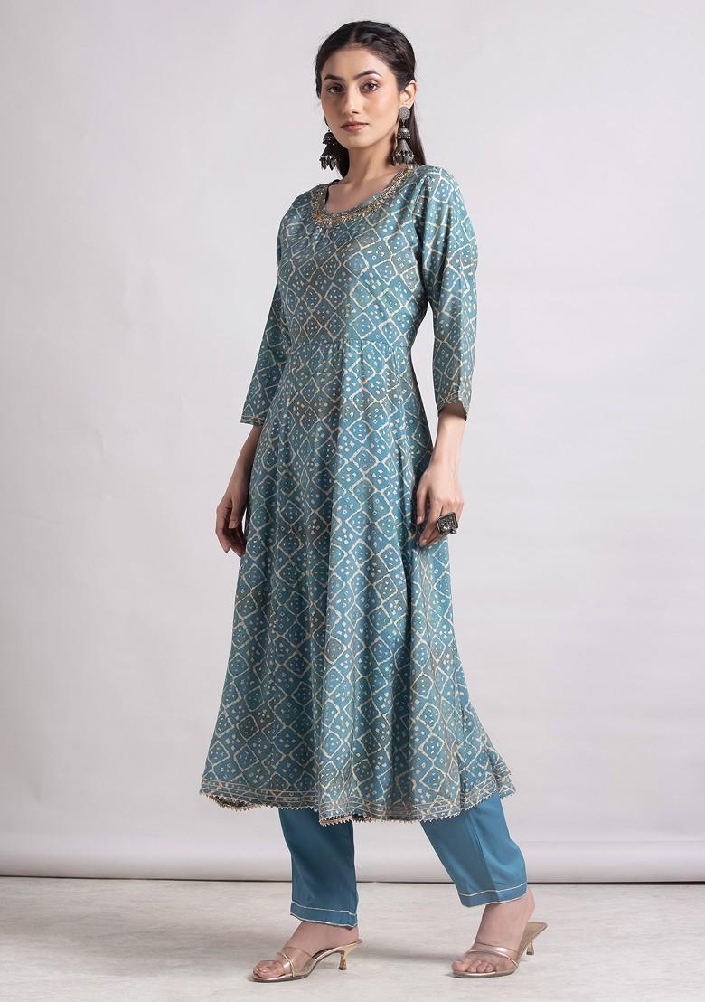 Blue Floral Foil Print Muslin Anarkali Kurta With Pants And Dupatta (Set of 3)