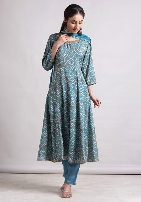 Blue Floral Foil Print Muslin Anarkali Kurta With Pants And Dupatta (Set of 3)