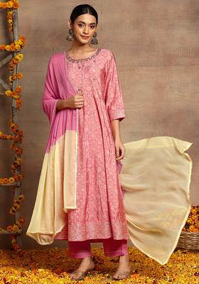 Pink Floral Foil Print Muslin Anarkali Kurta With Pants And Dupatta (Set of 3)