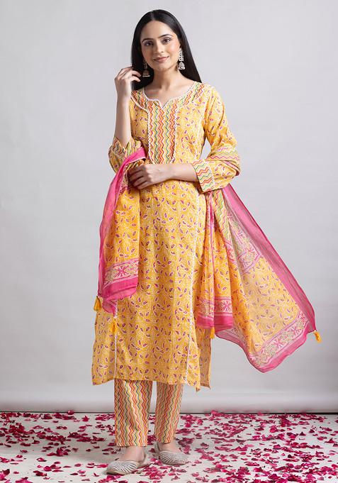 Yellow Printed Cotton Kurta With Pants And Dupatta (Set of 3)