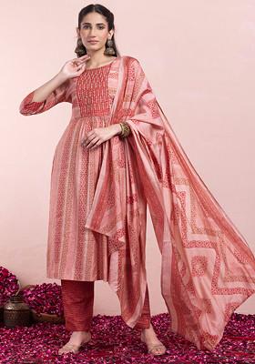 Peach Floral Striped Print Chanderi Kurta With Pants And Dupatta (Set of 3)