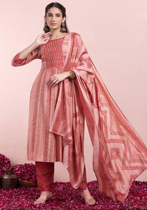 Peach Floral Striped Print Chanderi Kurta With Pants And Dupatta (Set of 3)