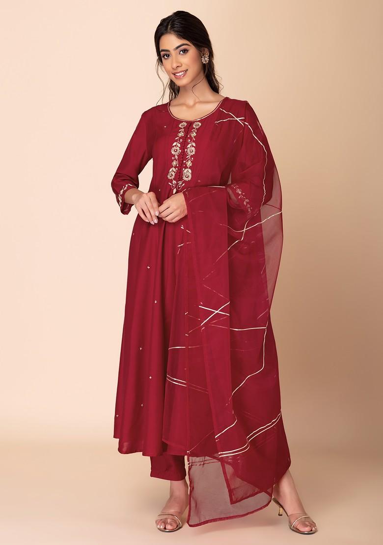 Red Embroidered Muslin Anarkali Kurta With Pants And Dupatta (Set of 3)