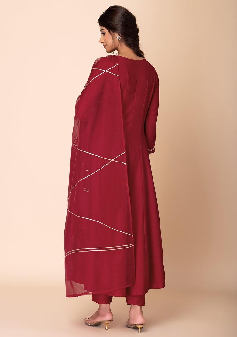 Red Embroidered Muslin Anarkali Kurta With Pants And Dupatta (Set of 3)