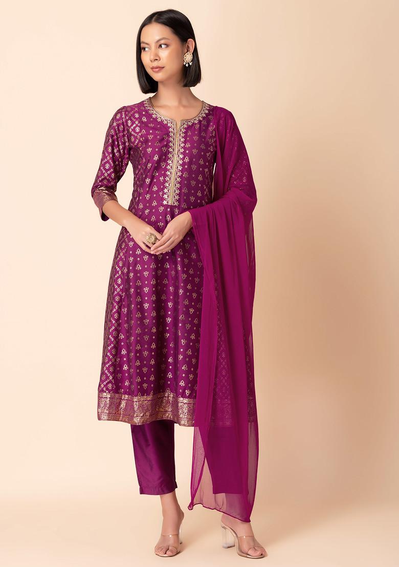 Dark Pink Foil Print Embroidered A-Line Kurta With Pants And Dupatta (Set of 3)