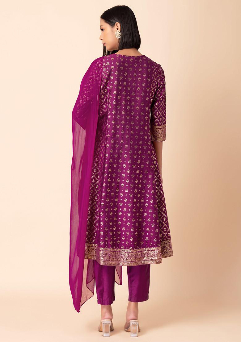 Dark Pink Foil Print Embroidered A-Line Kurta With Pants And Dupatta (Set of 3)