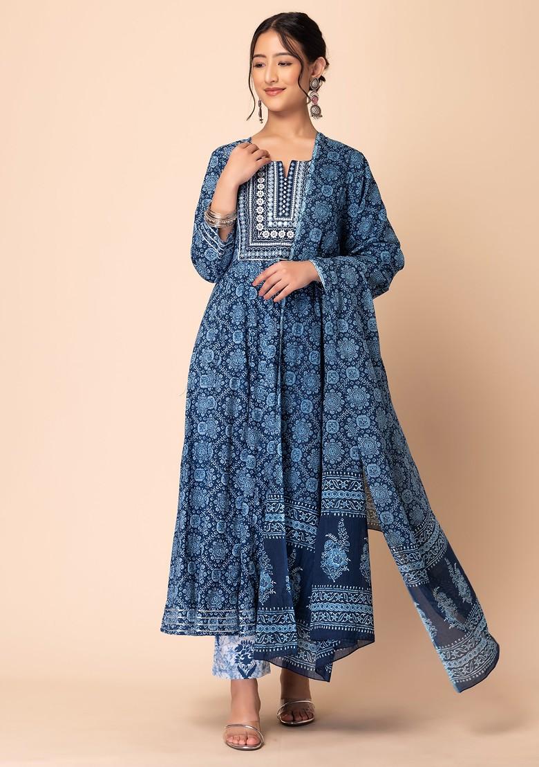 Dark Blue Embroidered Cotton Anarkali Kurta With Pants And Dupatta (Set of 3)