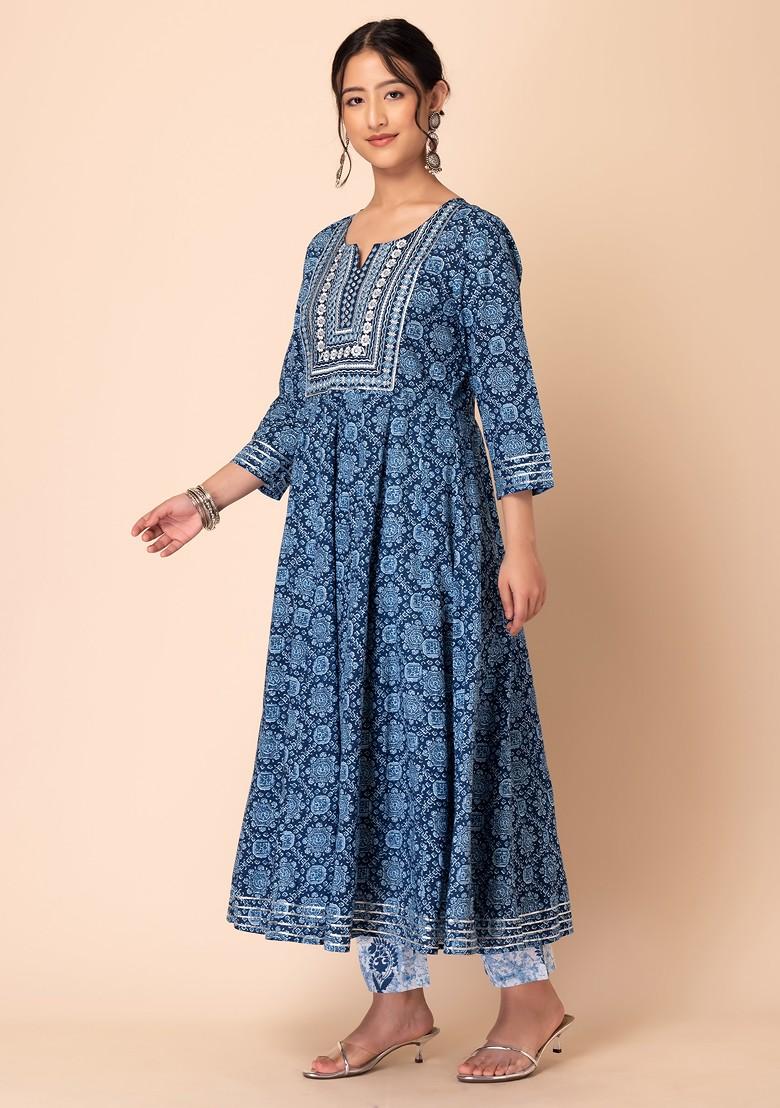 Dark Blue Embroidered Cotton Anarkali Kurta With Pants And Dupatta (Set of 3)