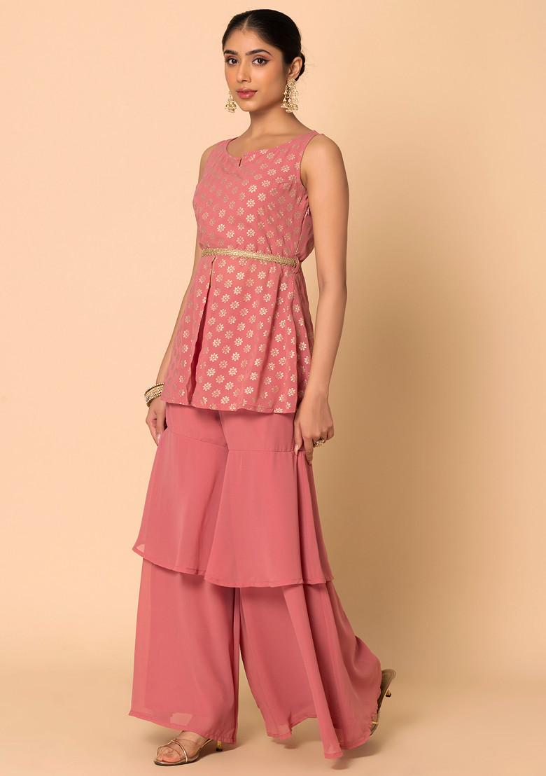 Light Pink Sharara With Foil Print Short Kurta And Belt (Set of 3)