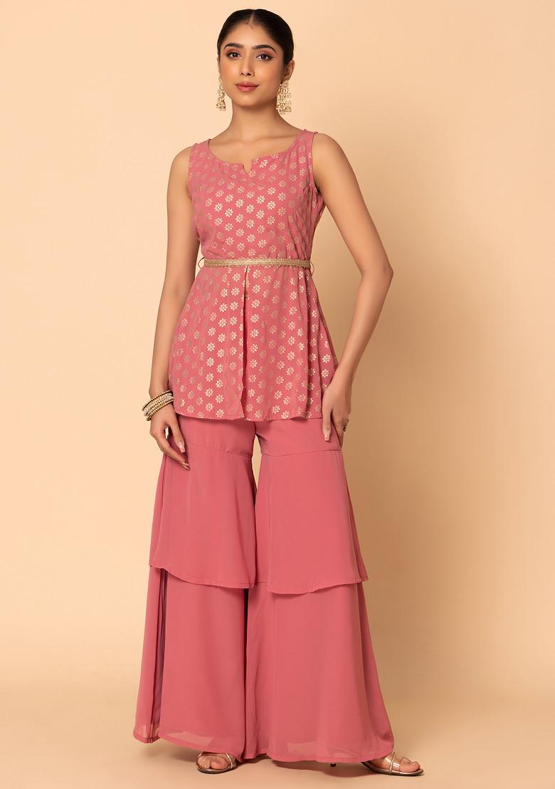 Light Pink Sharara With Foil Print Short Kurta And Belt (Set of 3)