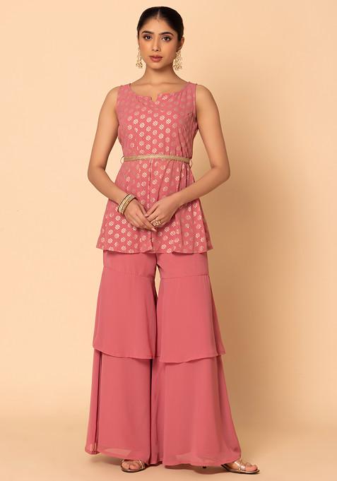 Light Pink Sharara With Foil Print Short Kurta And Belt (Set of 3)