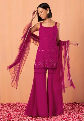 Hot Pink Sharara With Mirror Embroidered Kurta And Dupatta (Set of 3)