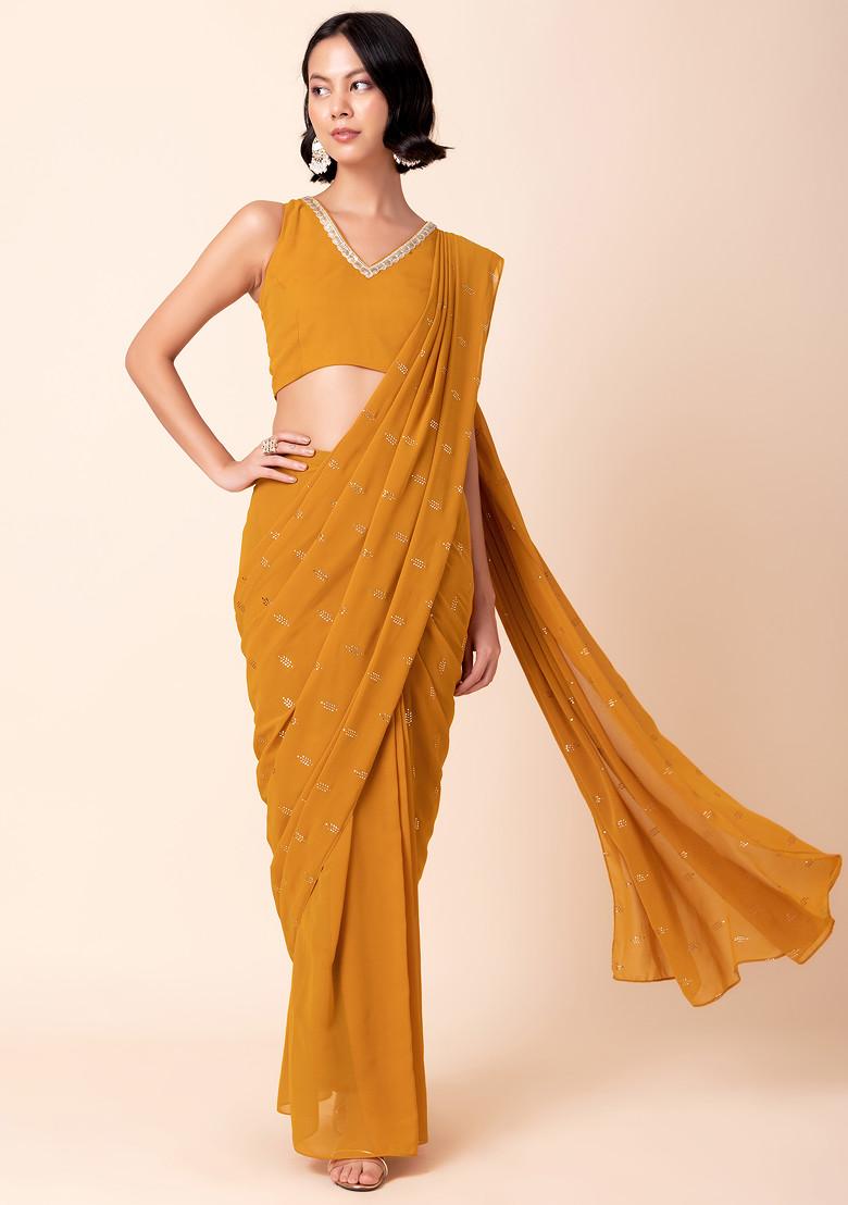 Orange Foil Print Pre-Stitched Saree With Blouse (Set of 2)