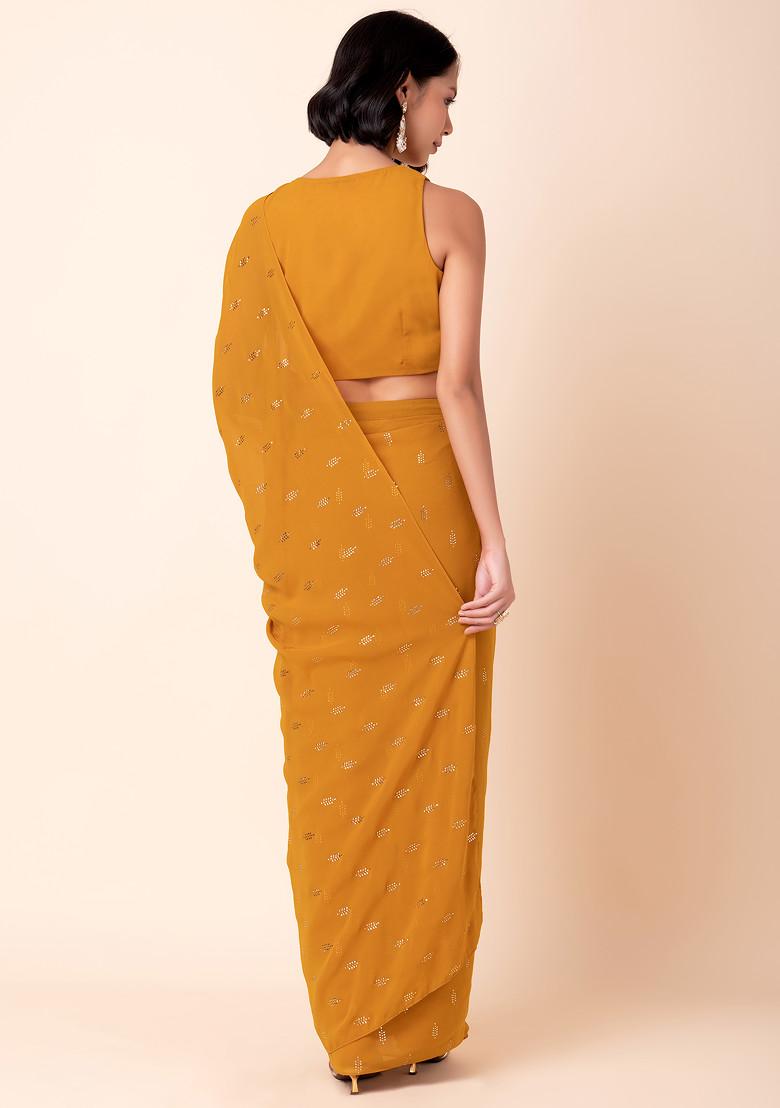 Orange Foil Print Pre-Stitched Saree With Blouse (Set of 2)