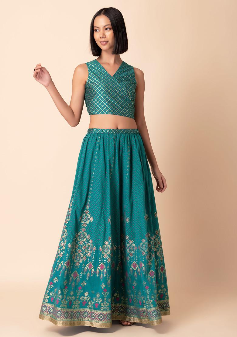 Green Mughal Print Lehenga And Angrakha Blouse (Set of 2)