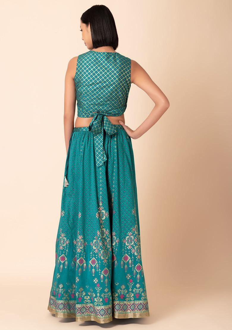 Green Mughal Print Lehenga And Angrakha Blouse (Set of 2)