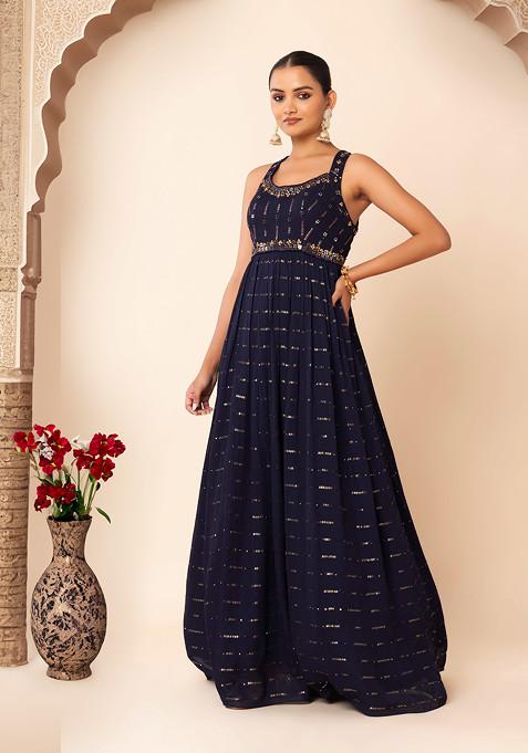 Navy Blue Mirror And Sequin Embellished Gown