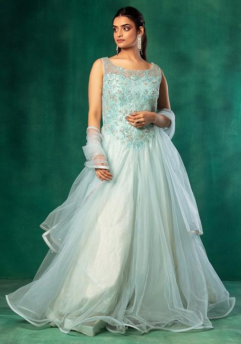 Light Blue Cutdana Embellished Mesh Gown