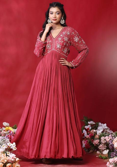 Women's Anarkali Ethnic Pink Floral Kurta Sets with Trousers & Dupatta