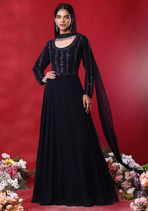 Navy Blue Hand Embroidered Anarkali Kurta With Choker Dupatta